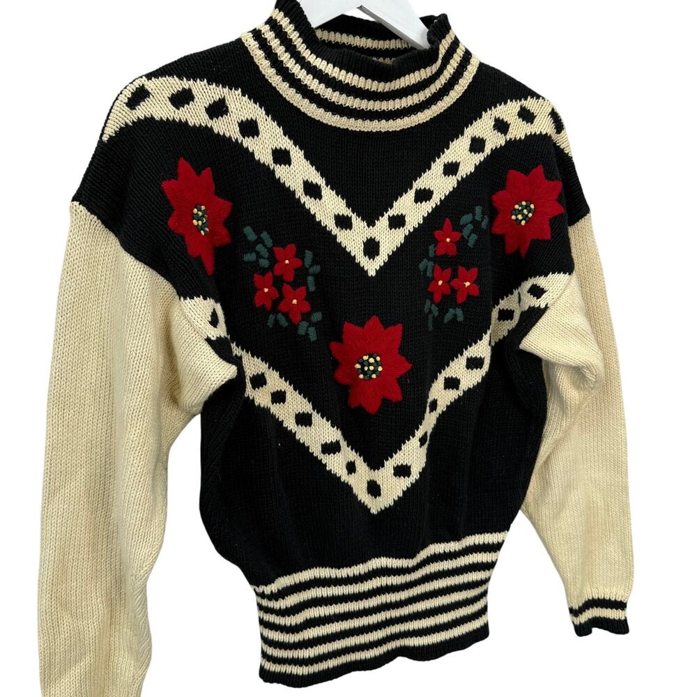 Seychelles Black Cream & Red Floral Turtleneck Sweater